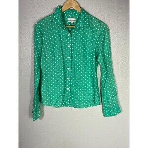 J Crew Linen Long Sleeve Button Down Blouse Green Polka Dot 0